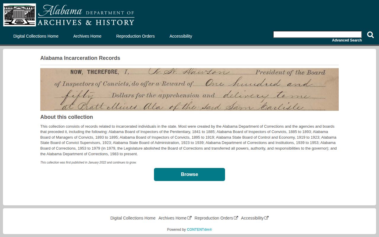 Alabama Department of Archives and History historical incarceration collection interface