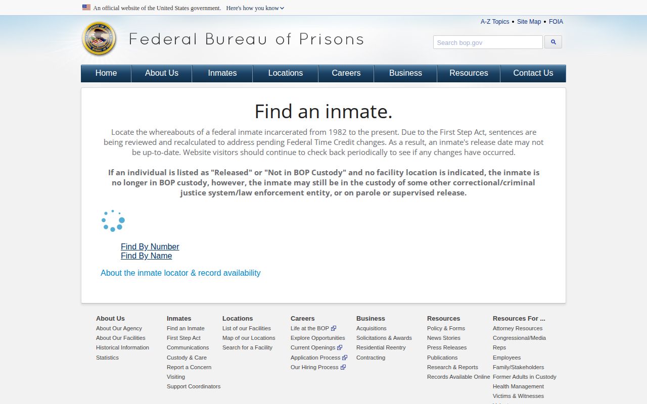 Bureau of Prisons federal inmate locator search interface