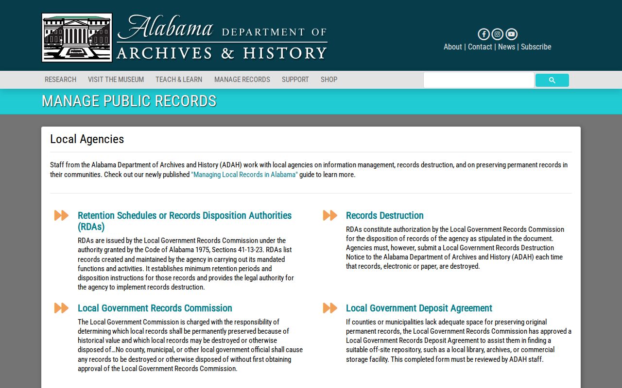 Alabama Department of Archives and History local government records page