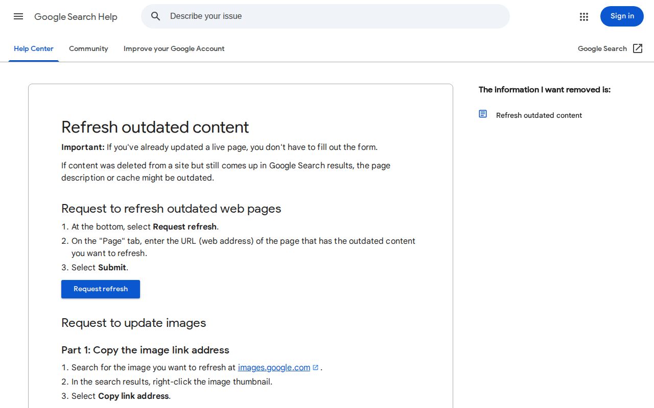 Google help page for refreshing outdated search content