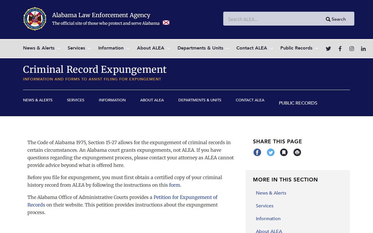 ALEA Alabama criminal-record expungement information for Clarke County arrest records