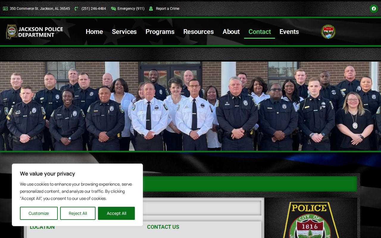 Jackson Police Department official contact page with department contact details